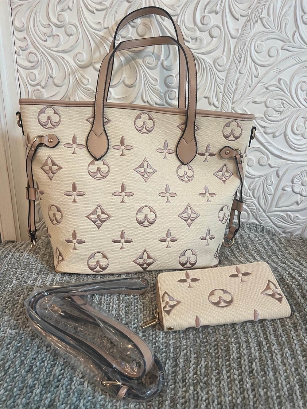 New Cream and Taupe Monogram Tote with Matching Wallet